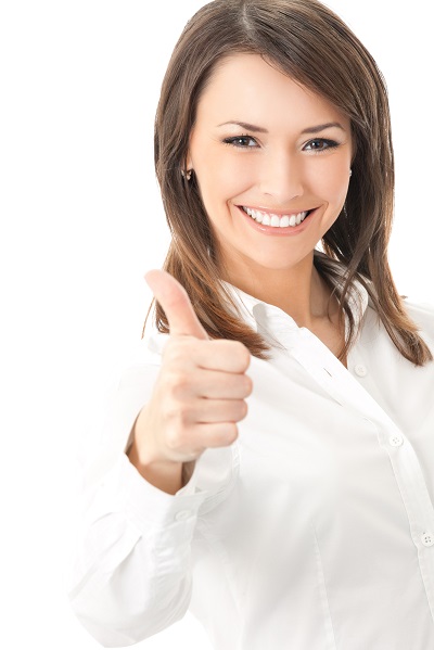 Happy smiling businesswoman with thumbs up gesture, isolated on